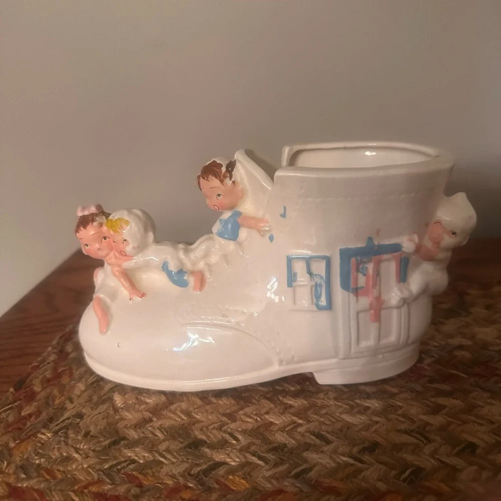 Vintage White Ceramic Baby Shoe with Pink and Blue Accents - Vintage